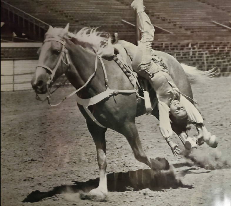 Cherie Moomaw trick-riding during rodeos at age 9.